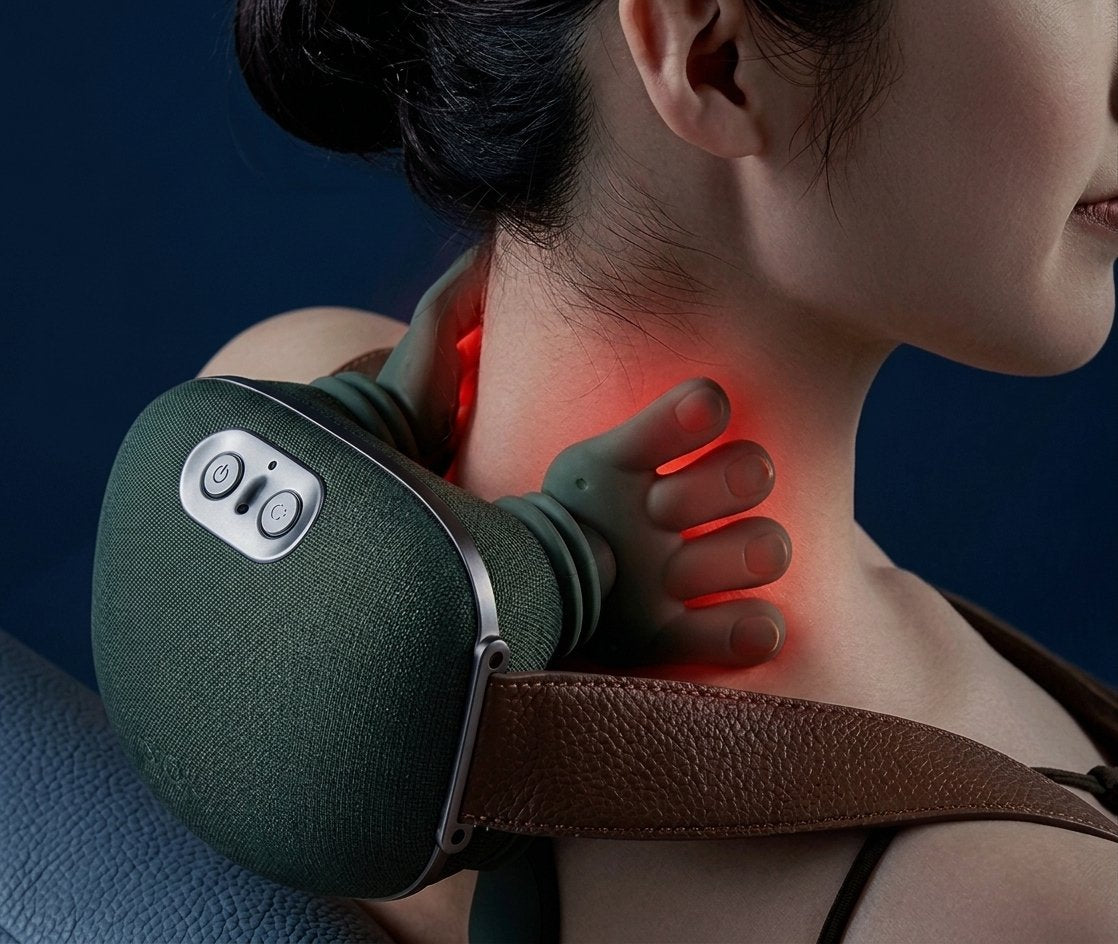 Femme utilisant le masseur cervical SOOMA avec chaleur infrarouge sur la nuque